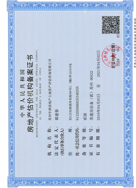 房地產估價機構備案證書